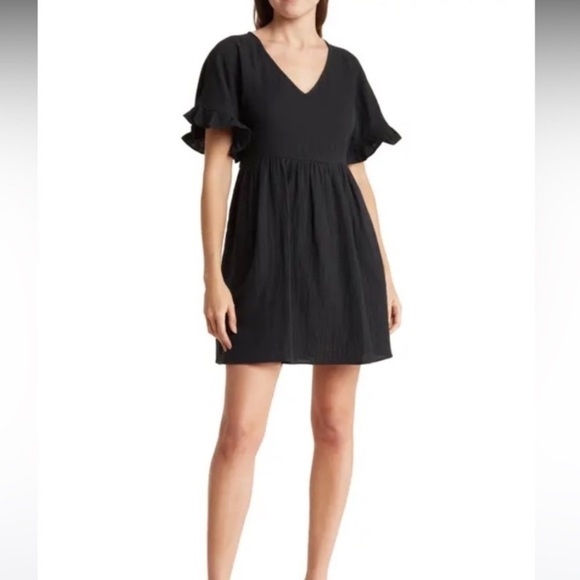Madewell Dresses & Skirts - Madewell Women's Medium Ruffle Sleeve Easy Mini Dress Black V Neck N0258 Cotton